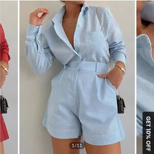 Commense Long Sleeve Loose Shorts Set Blue